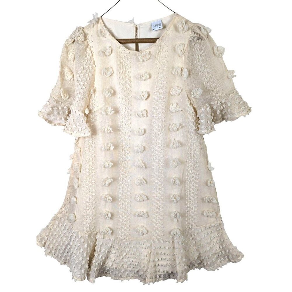 Selfie Leslie Women size Small Shift Dress Cream Pom Puff Lined Ruffle Dainty